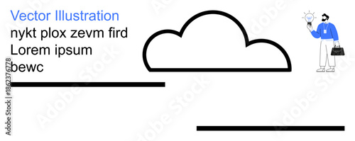 Innovation, creativity, idea generation, technology, brainstorming, cloud storage. Minimalist cloud illustration with a professional holding a light bulb. Innovation and creativity concepts