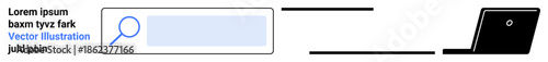 Online research, digital communication, internet search, technology workflow, virtual workspace, user interface design. Search bar element connecting to a black laptop icon. Online research