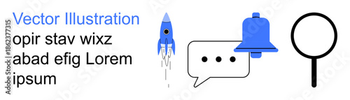 Communication, notifications, search tools, innovation, business ideas, messaging. Icons include a blue rocket, speech bubble notification bell and magnifying glass. Communication and notifications