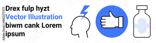 Mental health, medical development, vaccination, brain function, approval systems, health science. Graphic of a head with a bolt, thumbs up icon and a medical vial. Mental health and medical