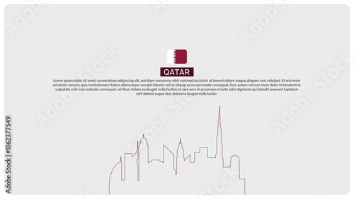 Minimalist Flat Qatar Skyline Background with Maroon White Color, Line Art Cityscape, National Flag Icon and Clean Typography for Corporate Banner