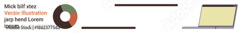 Business analysis, data visualization, tech tools, corporate presentation, statistics, digital workflow. A pie chart, text elements and a laptop are displayed. Business analysis and data