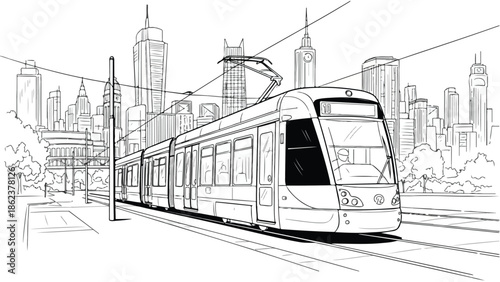 Modern electric city tram transit in urban street sketch