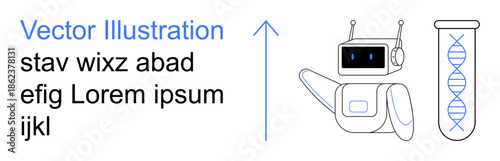 Artificial intelligence, genetics research, biotechnology, programming, innovation, digital illustration. Robot beside DNA strand and placeholder text. Artificial intelligence and genetics concept