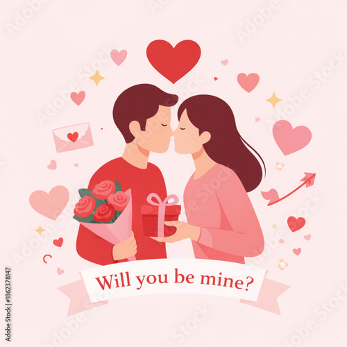Valentine’s Day Romantic Kiss Proposal Illustration with Hearts and Typography
