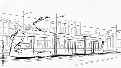 Modern low floor streetcar tram in urban environment