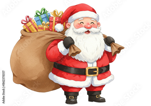 Chubby, cartoon santa claus illustration in a crimson red suit, carrying an oversized burlap sack bursting with colorful, ribbon-tied christmas presents against transparent negative space. Concept of