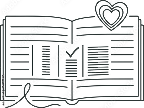 An open book with a heart above it lies on a surface with a checked list.