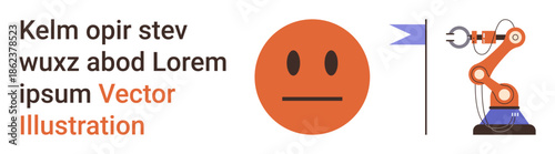 Automation, artificial intelligence, robotics, emotion, technology, workflow. Neutral face emotion alongside a robotic arm. Automation and artificial intelligence through icons and elements