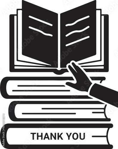 A hand reaches for an open book on top of a stack of books with a thank you message in an educational setting indoors.
