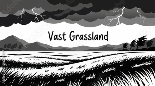 An open grassland stretches beneath a dramatic stormy sky, combining scale, mood, and contrast in a powerful natural landscape scene