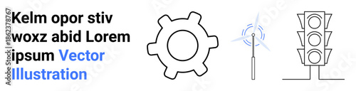 Technology innovation, renewable energy, urban development, automation, sustainability, traffic systems. Gear cog, wind turbine traffic light symbols. Technology innovation and renewable energy