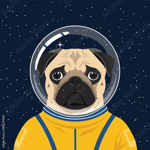 Pug in spacesuit looking serious with stars in the background  