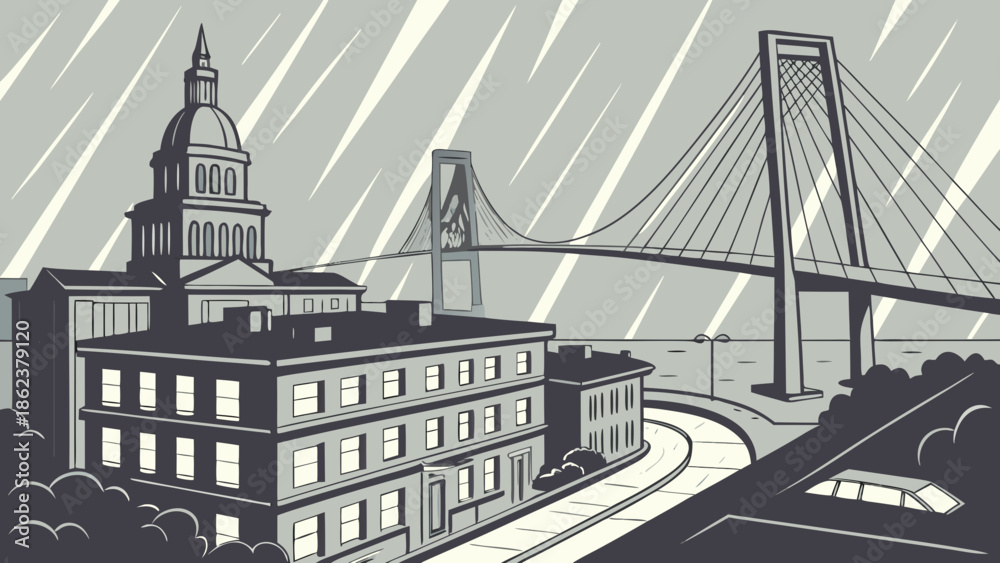 Naklejka premium Charleston skyline vector with a bridge over buildings suitable for travel websites, city guides, and charlestonthemed designs.
