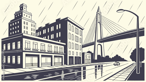Charleston skyline on a rainy day, reflecting historic buildings and a bridge, suitable for travel brochures, city guides, and website banners.