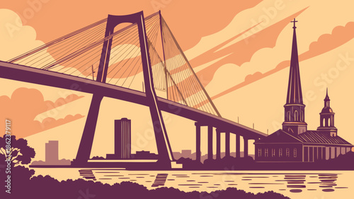 Charleston skyline with arthur ravenel bridge framing church silhouette, ideal for illustrating the citys iconic beauty in travel publications.