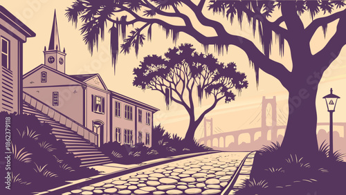 Charleston skyline in historic savannah street framed by trees and bridge, ideal for travel brochures, city guides, and postcards.