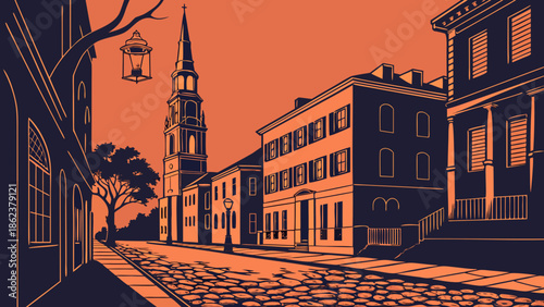 Charleston skyline, historic streets, buildings, and church tower showcase unique architectural cityscape. Suitable for travel brochures, postcards, and blogs.