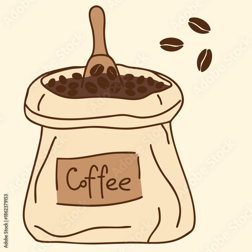 Hand-drawn coffee bag illustration with coffee beans and scoop in a simple cozy flat style