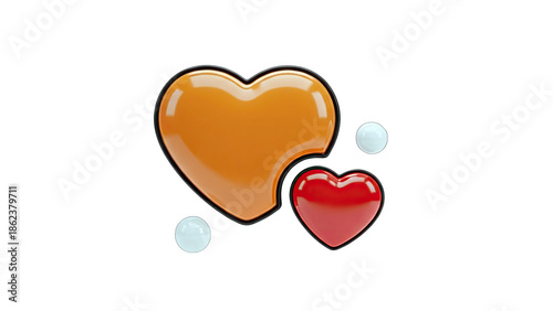 3D Two 3D hearts with bubbles, one orange, one red on transparent background