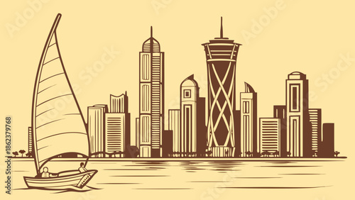 Capturing a sailboat gracefully cruising past doha, qatar skyline panorama. Perfect for travel brochures, city guides, or promotional materials.