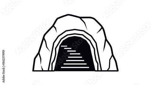 A simple black and white illustration of a cave entrance with steps leading inside