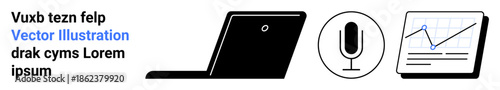 Business tools, digital communication, data analytics, remote work, media, and technology. Laptop, microphone icon and data chart illustration. Business tools and digital communication concepts