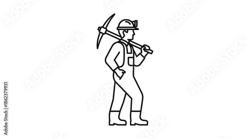A simple line drawing depicts a miner carrying a pickaxe over his shoulder