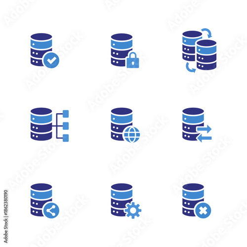Database icon set. Data storage flat style icon illustration collection containing data protection, setting, sharing, transfer, global, restore, management, connection.