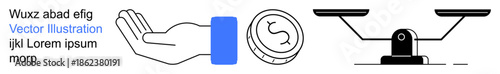 Financial planning, equality, transactions, decision-making, investment, economy. An open hand, coin and balance scales. Financial planning and equality concepts clearly