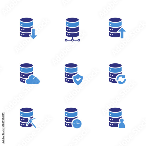 Database icon set. Data storage flat style icon illustration collection containing data processing, upload, download, security, admin, mining, cloud.