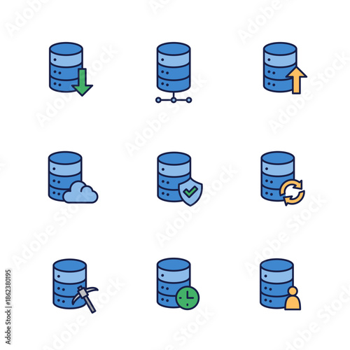 Database icon set. Data storage flat style outline colored icon illustration collection containing data processing, upload, download, security, admin, mining, cloud.