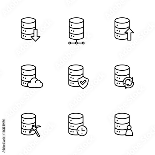 Database icon set. Data storage flat style outline icon illustration collection containing data processing, upload, download, security, admin, mining, cloud.