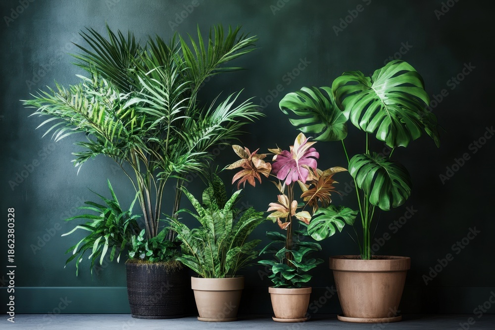 Fototapeta premium Indoor plant arrangement showcasing various species against a dark green wall