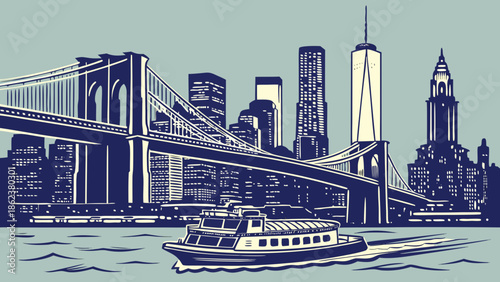 New york skyline with brooklyn bridge ferry crossing, ideal for travel brochures, websites, or citythemed designs capturing iconic urban views.