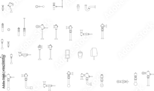 Vector line art set of commercial flush valves and plumbing sensors. Minimalist technical drawings for urinals and toilets in public restrooms.