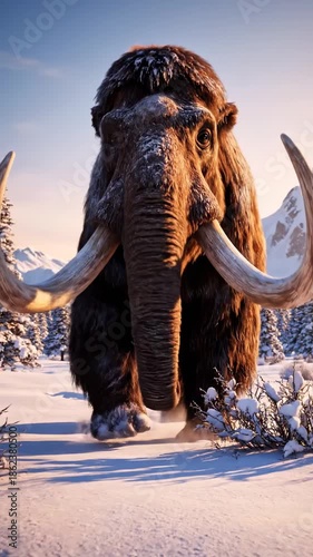 Mammoth walks through snowy landscape during ice age in stunning view