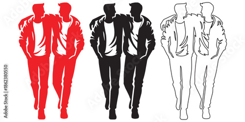Two Male Friends Walking Together Silhouette – Vector Illustration Set