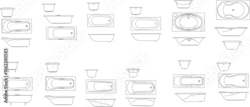 Vector line art set of modern bathtubs. Features various minimalist designs, including rectangular and oval tubs in top and side view perspectives.