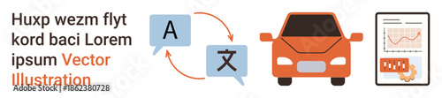 Language services, automotive technology, data management, visual analytics, global communication, industry tools. Speech bubbles with translations, a car and a tablet displaying charts. Language