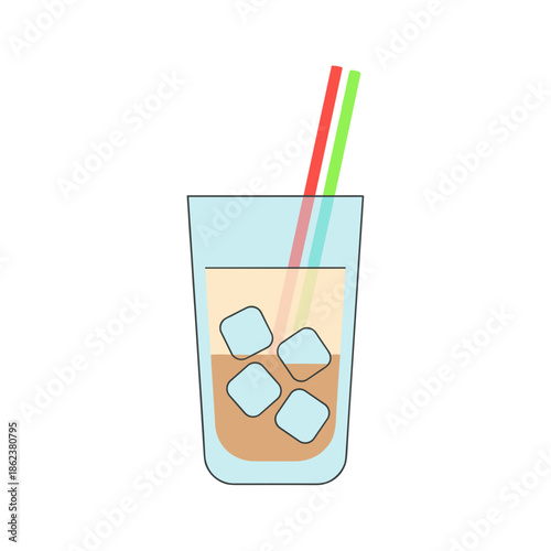 Iced latte in clear glass with ice cubes and colorful straws  