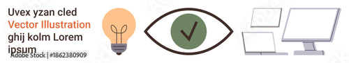 Innovation, vision, digital concepts, verification, usability, computer interfaces. Lightbulb, eye with checkmark computer screens. Innovation and vision conveyed through symbolic icons
