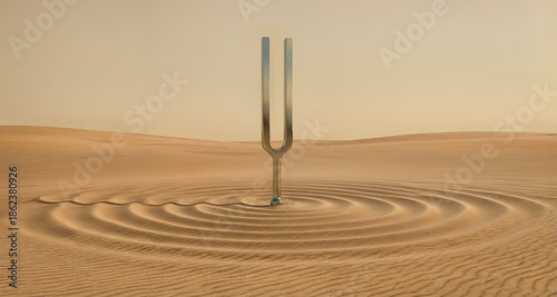 A vibrating tuning fork in the middle of a desert, creating natural circular patterns in the sand. Graphic resource. The physics of sound waves. Vibrations and rhythms in nature.