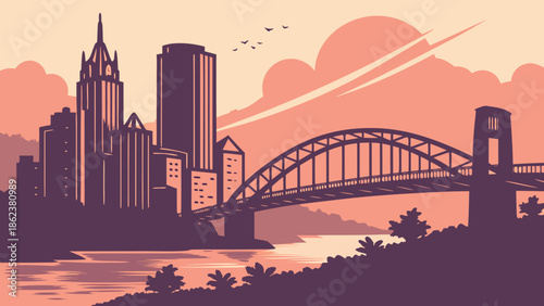 Pittsburgh skyline showcases beautiful bridge arching over reflective water. Suitable for travel websites, city guides, skyline posters, and postcards.