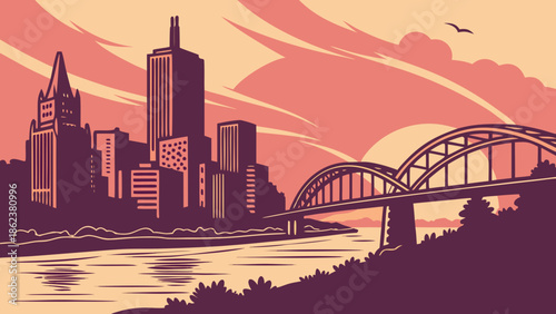 Pittsburgh skyline cityscape with a bridge, river, and sunset silhouette. Suitable for travel websites, postcards, and citythemed designs.