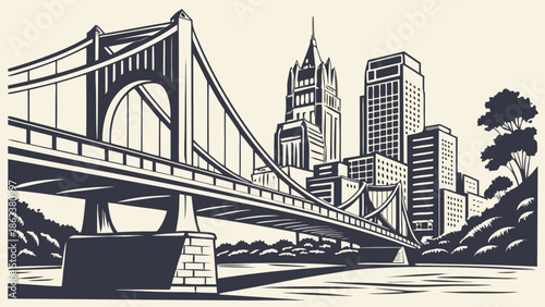 Pittsburgh skyline with a majestic bridge over water, leading towards the vibrant city. Suitable for cityscape, travel, and architectural themes.