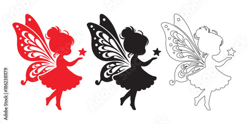 Cute Fairy Girl Silhouette with Magic Wand – Vector Illustration Set