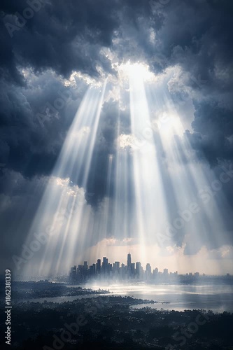 Dramatic god rays break through storm clouds, illuminating a distant city skyline.
