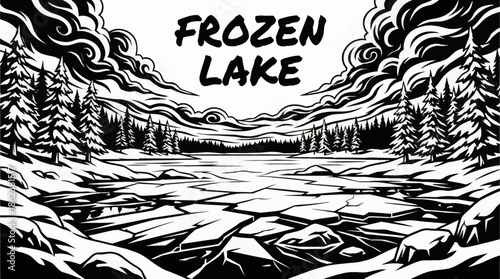 frozen lake surrounded by snow-covered pine trees creates a serene winter landscape, ideal for seasonal content, calm moods, and premium nature collections