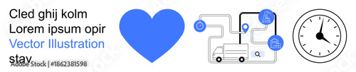 Logistics, time efficiency, healthcare, smart routing, timely delivery, operational precision. Blue heart, truck route clock love delivery punctuality. Logistics and time efficiency concept